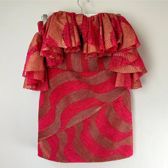 NWT RAISA VANESSA Metallic Lace Off The Shoulder Ruffled Minidress, FR38/US6 - Picture 4 of 9